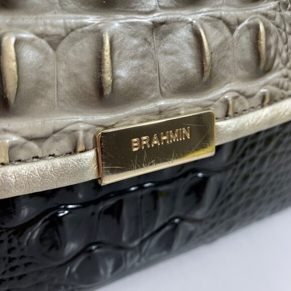 BRAHMIN Fold Over Clasp Shoulder Bag Clutch Crocodile Embossed Leather Silver - Picture 10 of 14